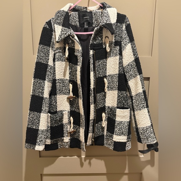 Forever 21 Black and Cream Plaid Pea Coat - Picture 3 of 5